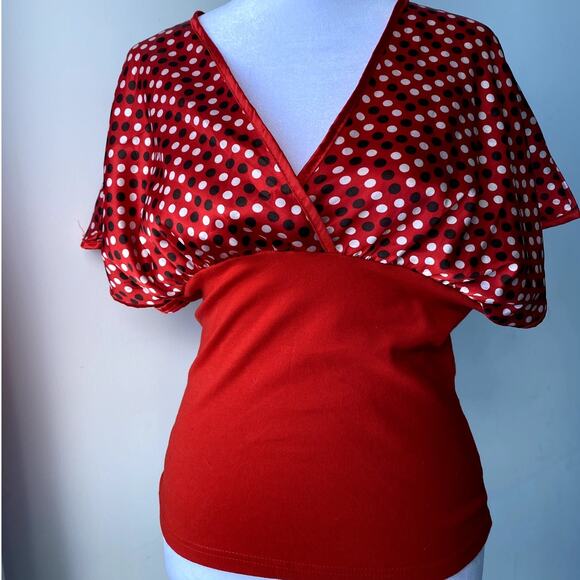 Vintage Red Brown Hollywood Studios Polka Dot Bell Sleeve V Neck Wrap Top - Picture 1 of 7